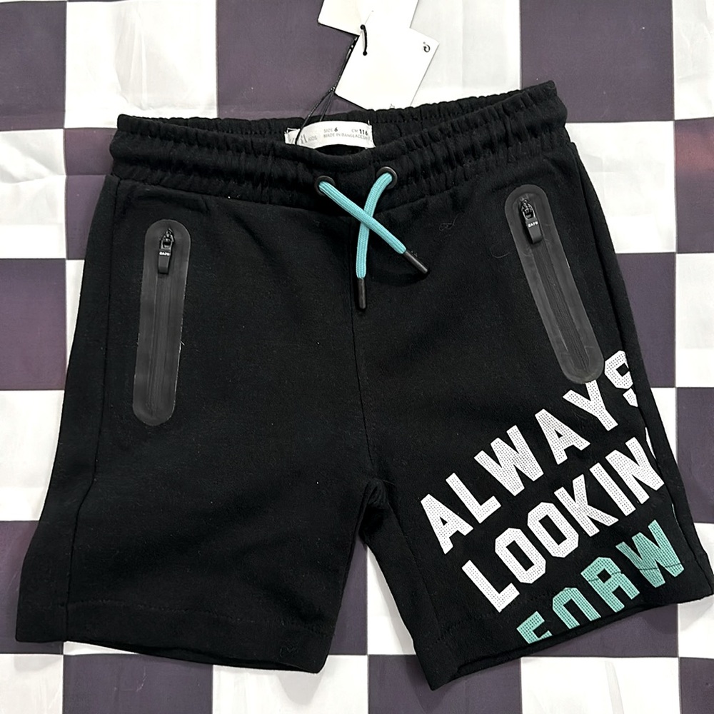 NWT Zara Boys Black Drawstring Graphic Shorts 6